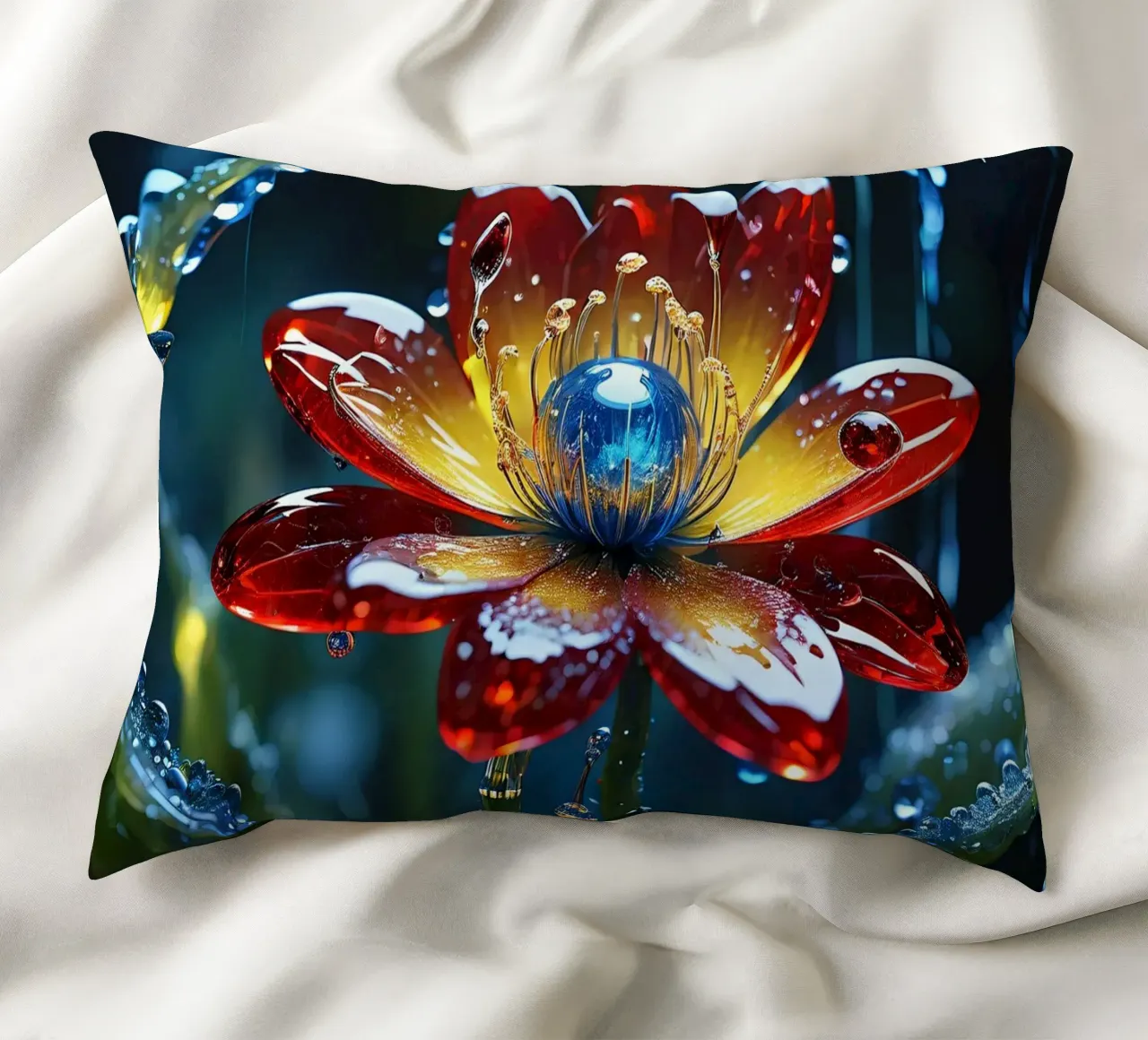 Fiori vivaci che sbocciano tra le gocce di pioggia rinfrescanti in un lussureggiante cuscino da DesignDoodle