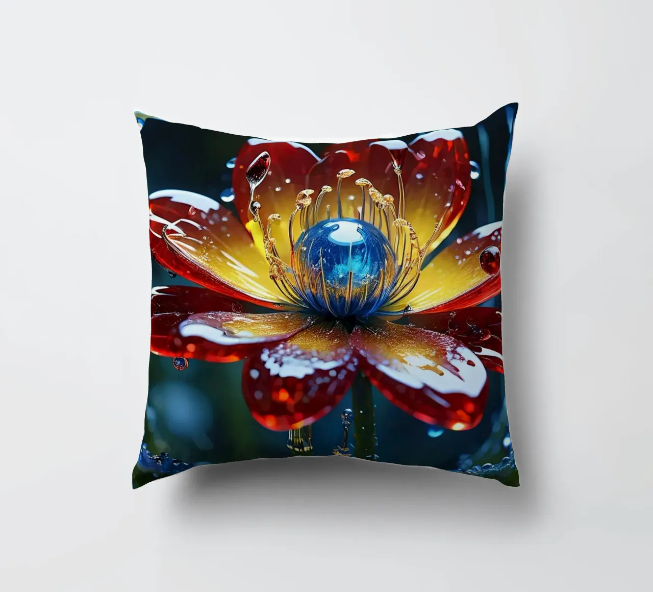 Fiori vivaci che sbocciano tra le gocce di pioggia rinfrescanti in un lussureggiante cuscino da DesignDoodle