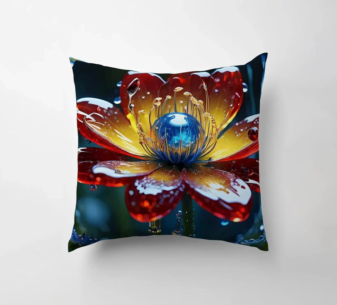Fiori vivaci che sbocciano tra le gocce di pioggia rinfrescanti in un lussureggiante cuscino da DesignDoodle