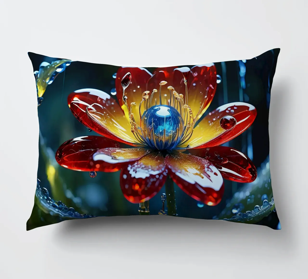 Fiori vivaci che sbocciano tra le gocce di pioggia rinfrescanti in un lussureggiante cuscino da DesignDoodle