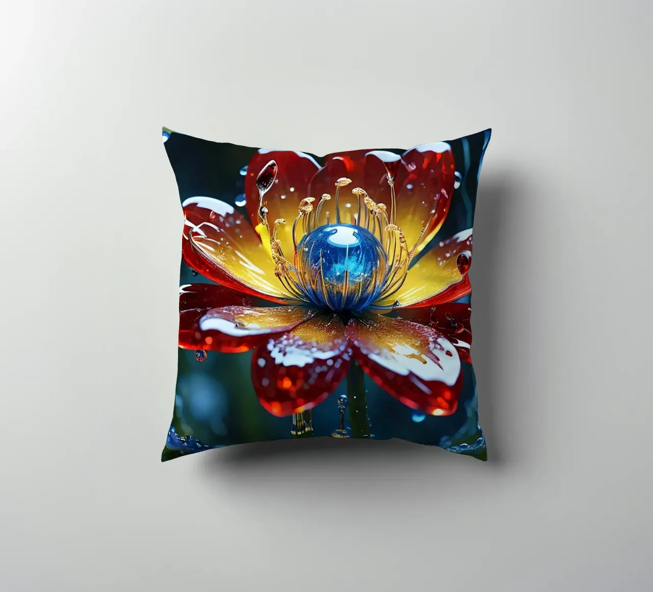 Fiori vivaci che sbocciano tra le gocce di pioggia rinfrescanti in un lussureggiante cuscino da DesignDoodle