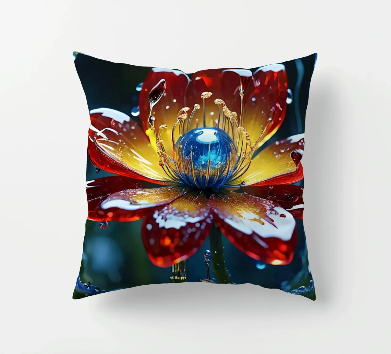 Fiori vivaci che sbocciano tra le gocce di pioggia rinfrescanti in un lussureggiante cuscino da DesignDoodle