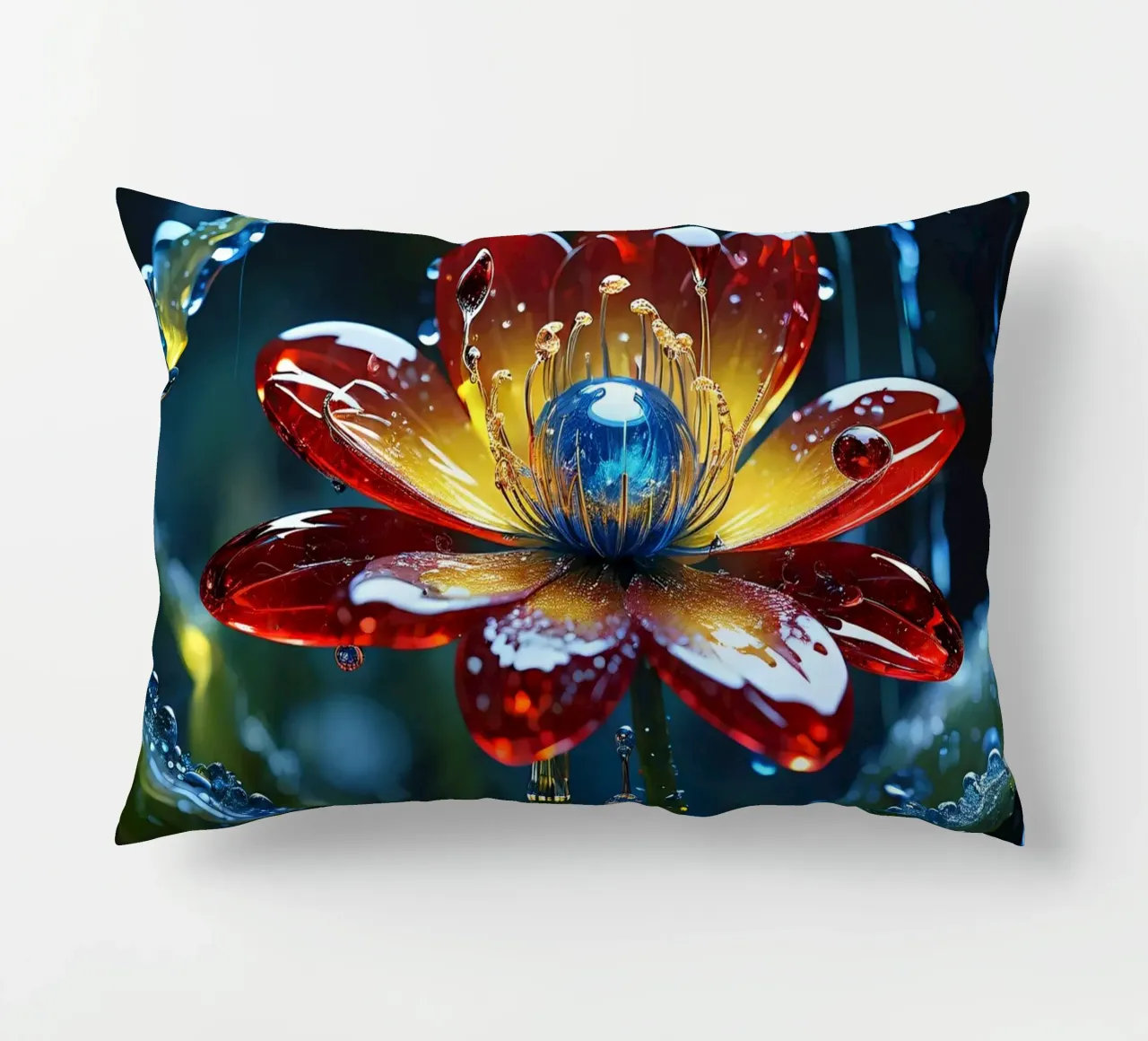 Fiori vivaci che sbocciano tra le gocce di pioggia rinfrescanti in un lussureggiante cuscino da DesignDoodle