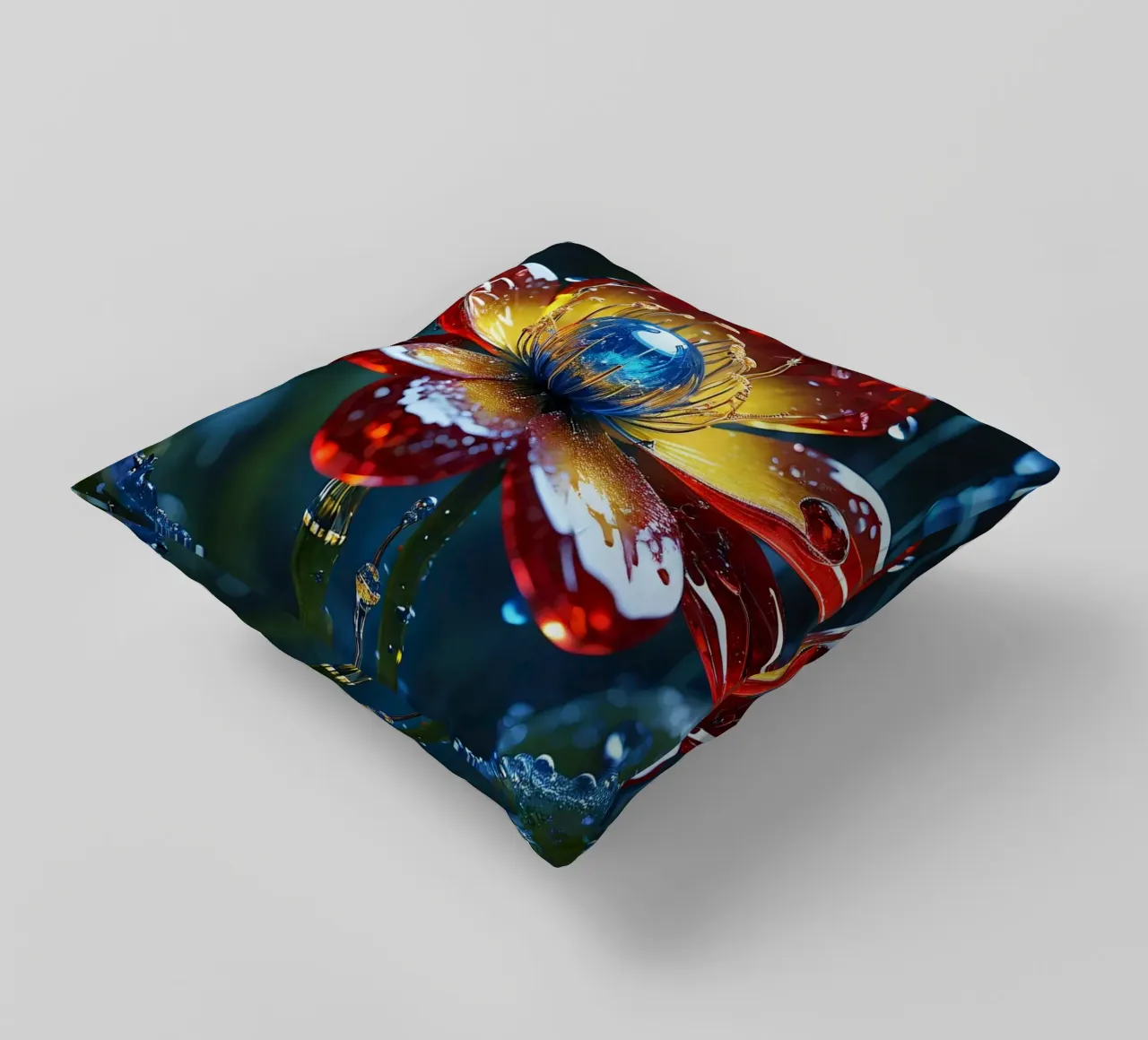 Fiori vivaci che sbocciano tra le gocce di pioggia rinfrescanti in un lussureggiante cuscino da DesignDoodle