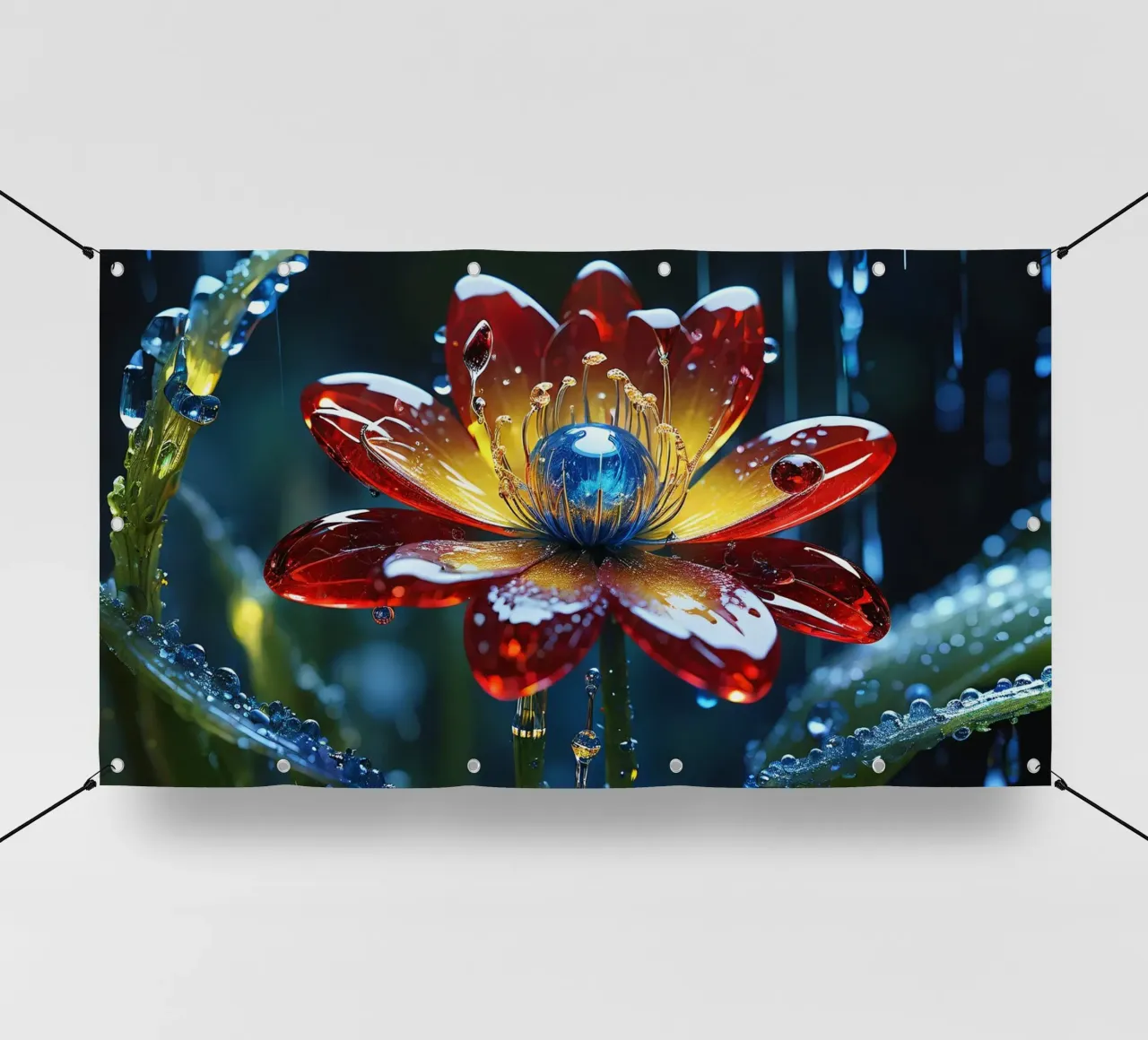 Fiori vivaci che sbocciano tra le gocce di pioggia rinfrescanti in un lussureggiante telo in pvc da DesignDoodle