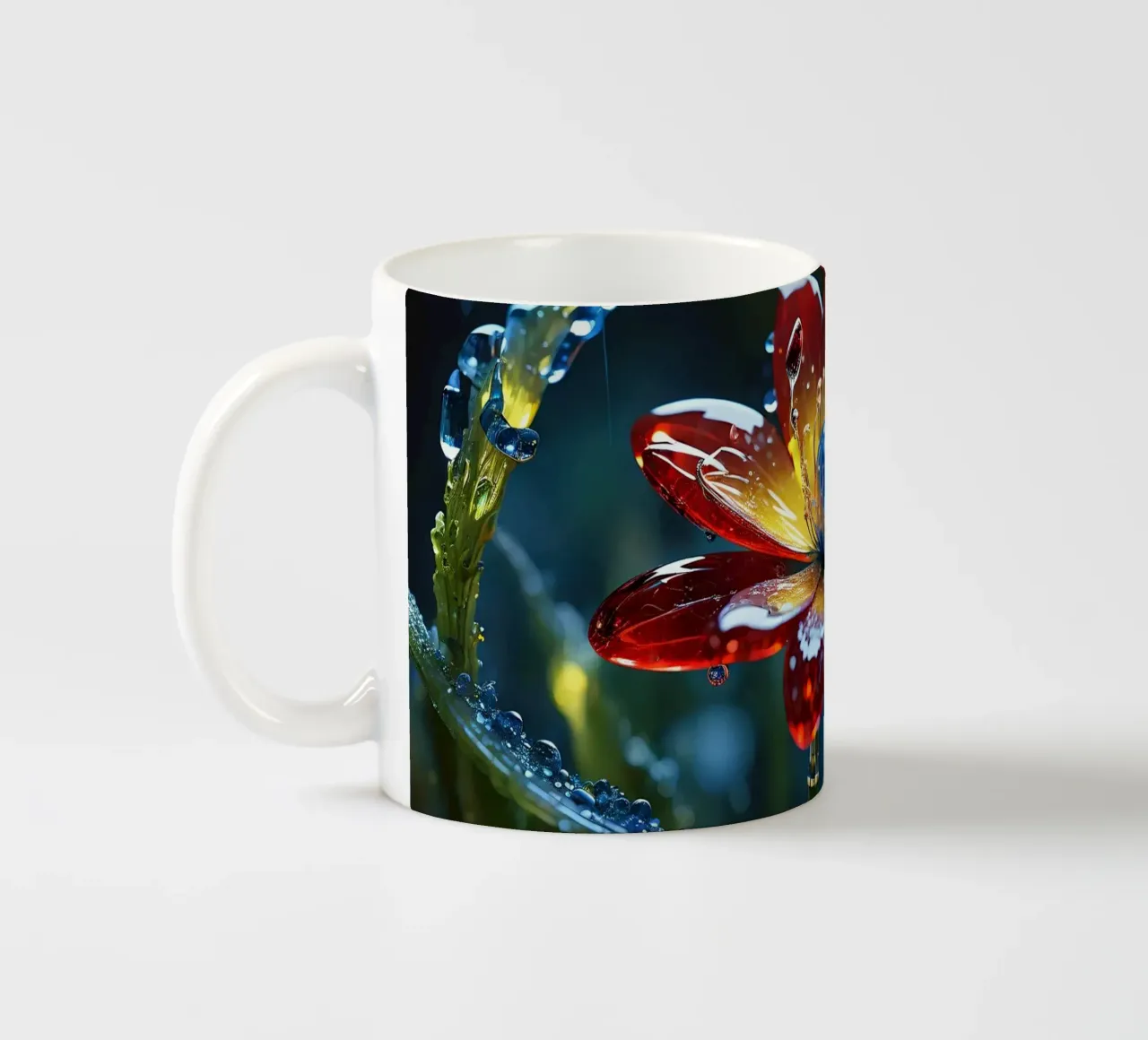 Fiori vivaci che sbocciano tra le gocce di pioggia rinfrescanti in un lussureggiante tazza in ceramica da DesignDoodle