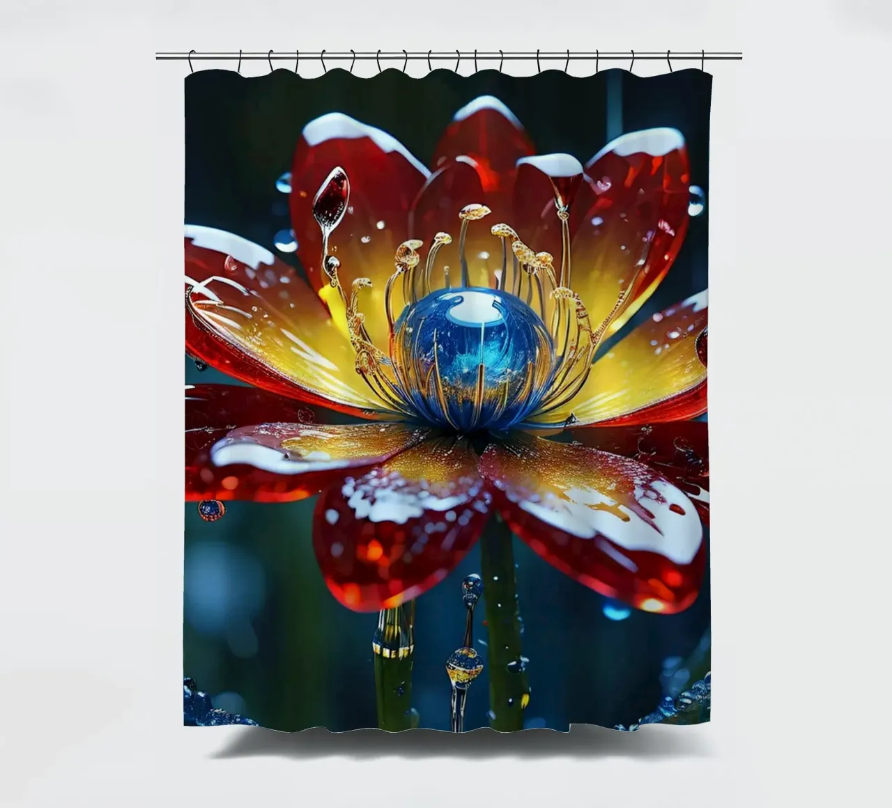 Kräftige Blumenblüten inmitten erfrischender Regentropfen in einem üppigen Duschvorhang von DesignDoodle