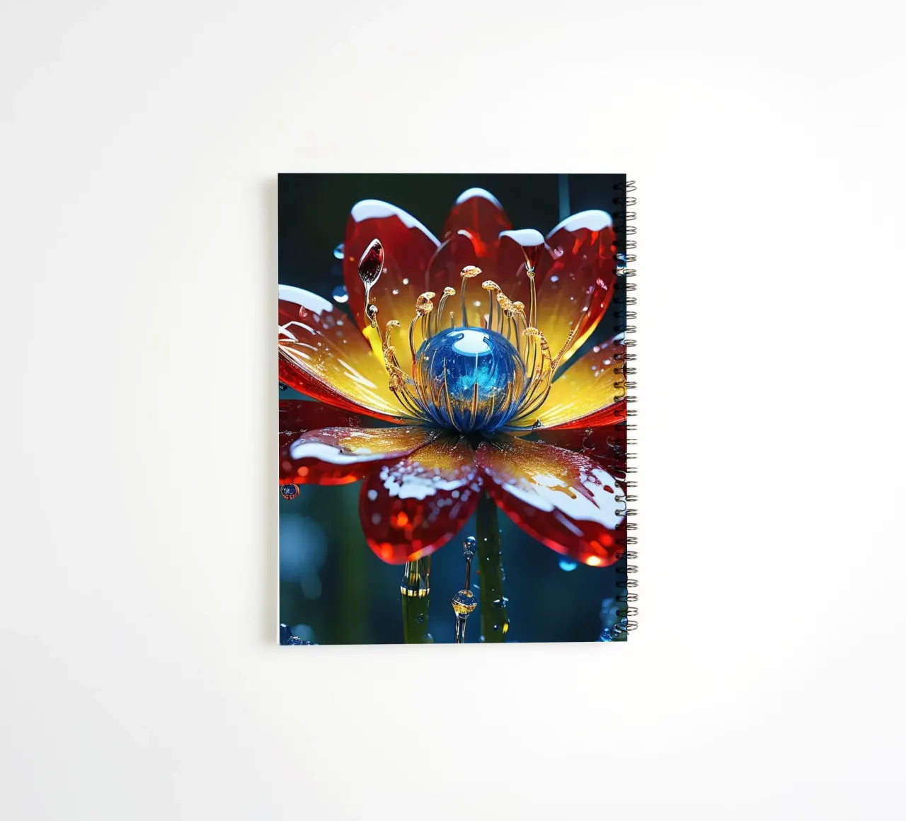 Vibrant flower blooms amidst refreshing raindrops in a lush spiral notebook by DesignDoodle