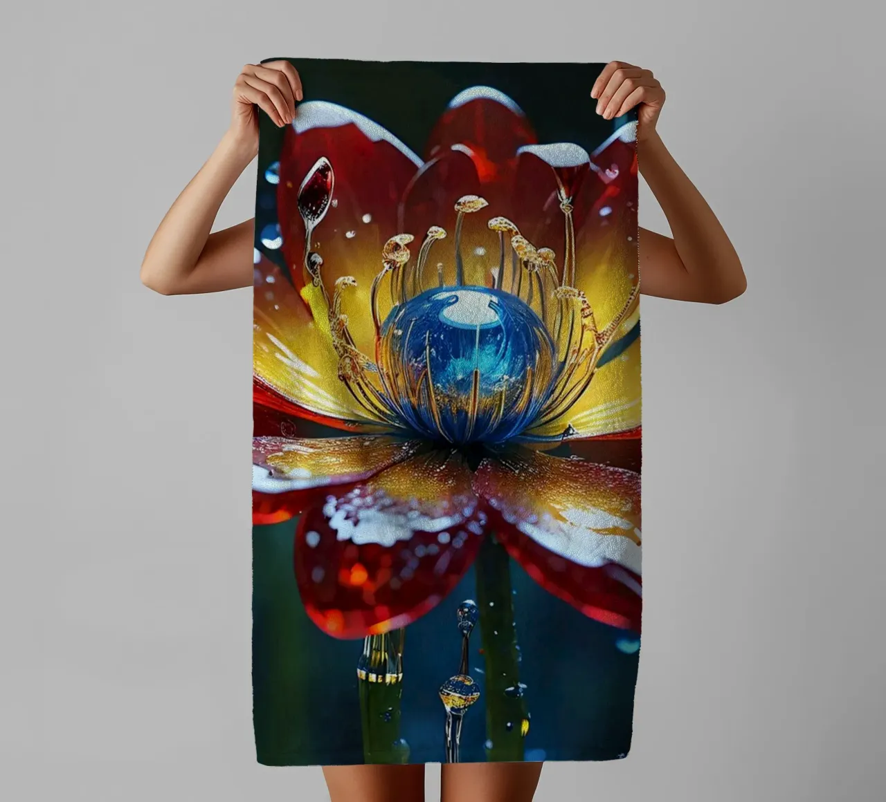 Kräftige Blumenblüten inmitten erfrischender Regentropfen in einem üppigen Handtuch von DesignDoodle