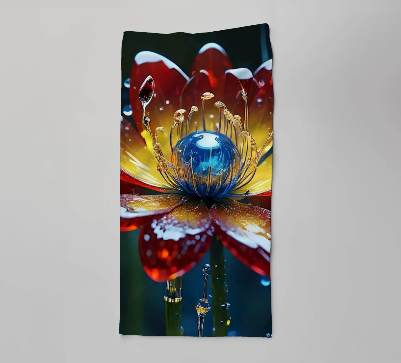 Kräftige Blumenblüten inmitten erfrischender Regentropfen in einem üppigen Handtuch von DesignDoodle