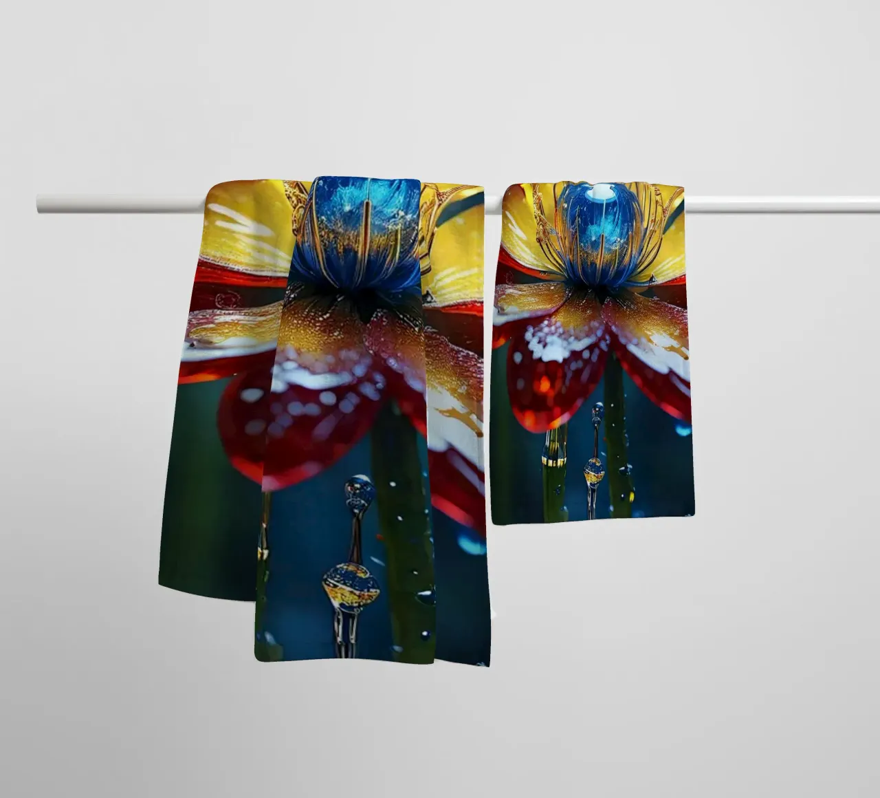 Kräftige Blumenblüten inmitten erfrischender Regentropfen in einem üppigen Handtuch von DesignDoodle