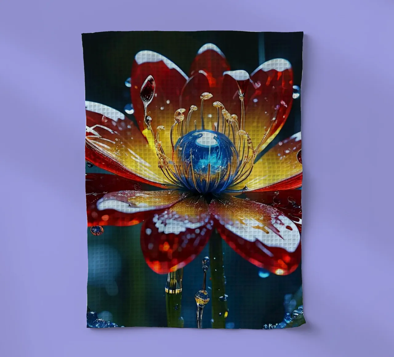 Kräftige Blumenblüten inmitten erfrischender Regentropfen in einem üppigen Geschirrtuch von DesignDoodle