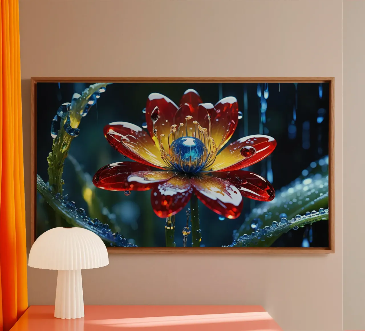 Fiori vivaci che sbocciano tra le gocce di pioggia rinfrescanti in un lussureggiante tela con Cornice a cassetta da DesignDoodle