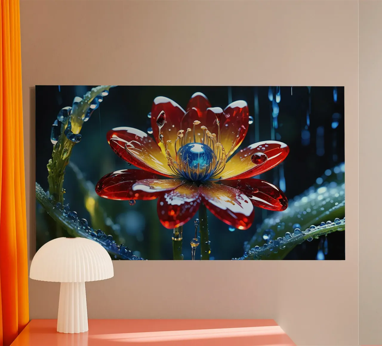 Fiori vivaci che sbocciano tra le gocce di pioggia rinfrescanti in un lussureggiante tela con Cornice a cassetta da DesignDoodle