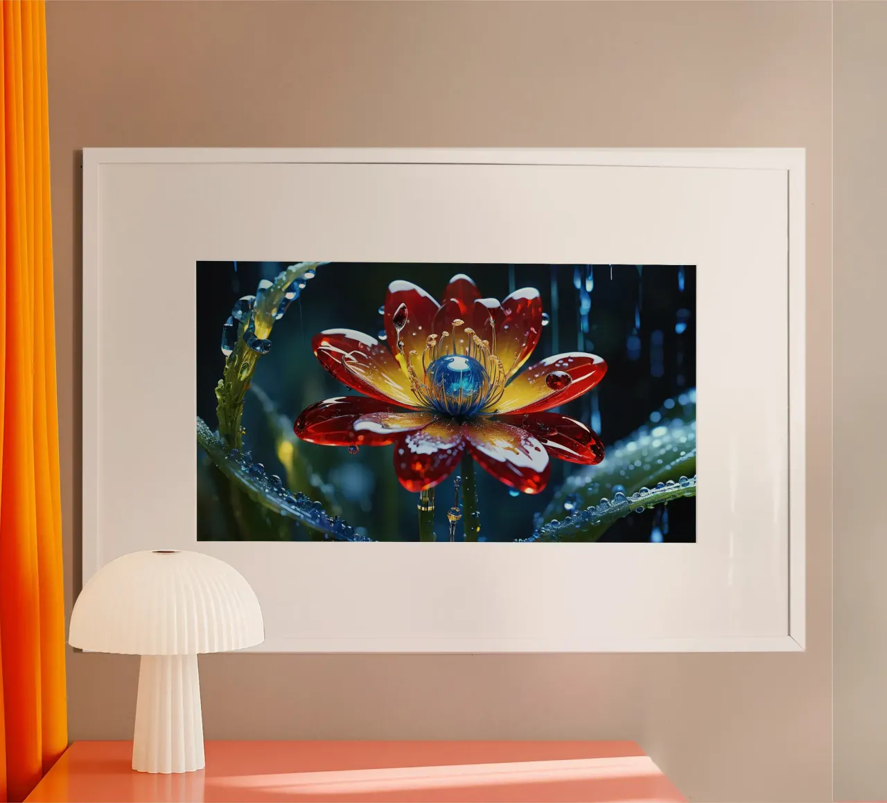 Fiori vivaci che sbocciano tra le gocce di pioggia rinfrescanti in un lussureggiante carta hahnemühle da DesignDoodle