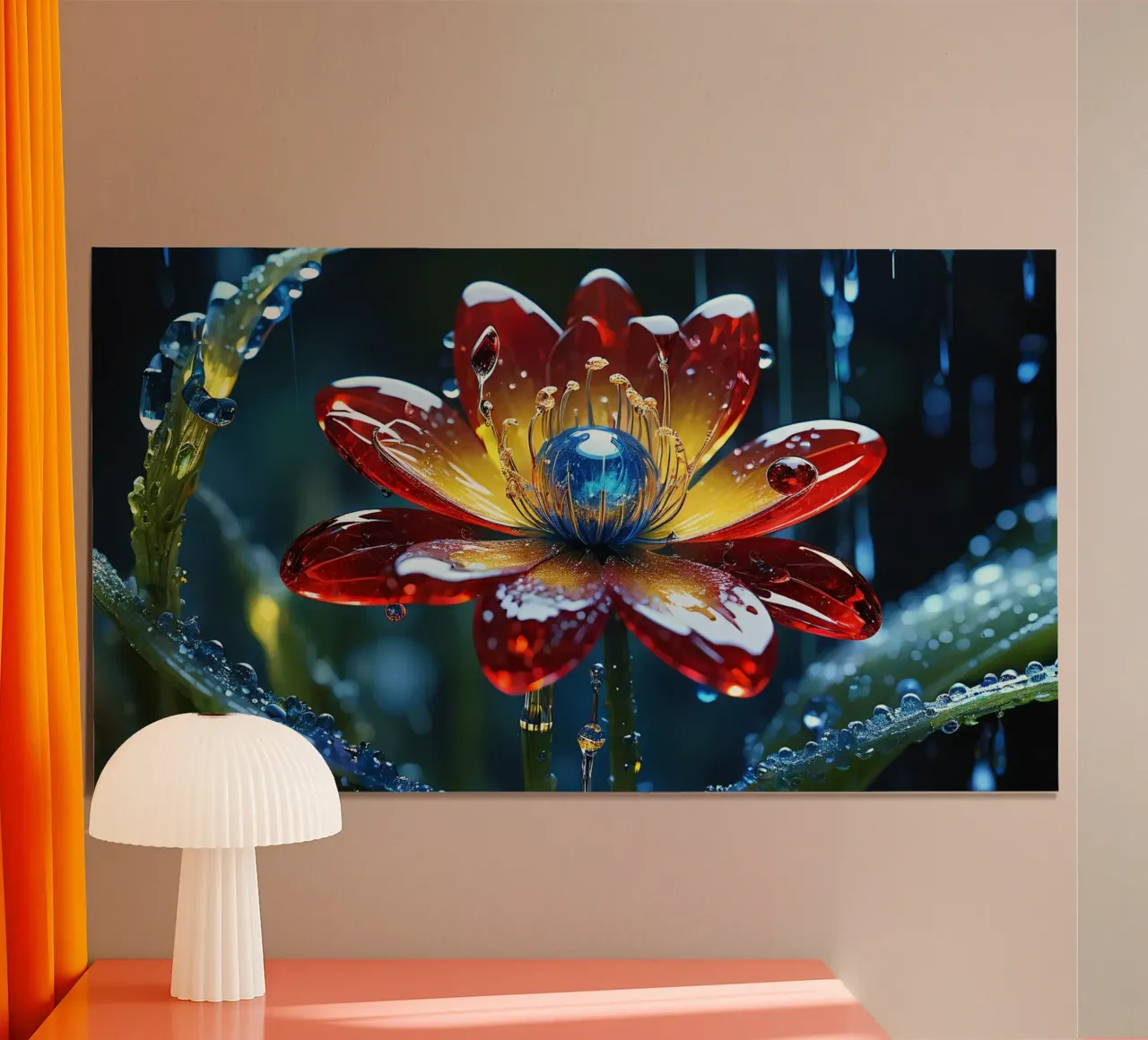 Fiori vivaci che sbocciano tra le gocce di pioggia rinfrescanti in un lussureggiante carta hahnemühle da DesignDoodle