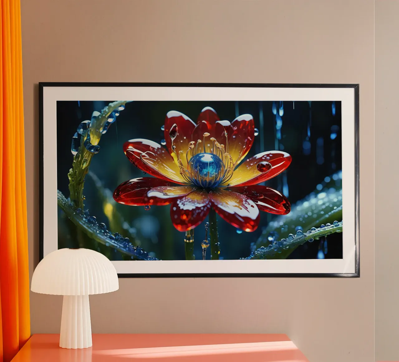 Fiori vivaci che sbocciano tra le gocce di pioggia rinfrescanti in un lussureggiante carta hahnemühle da DesignDoodle