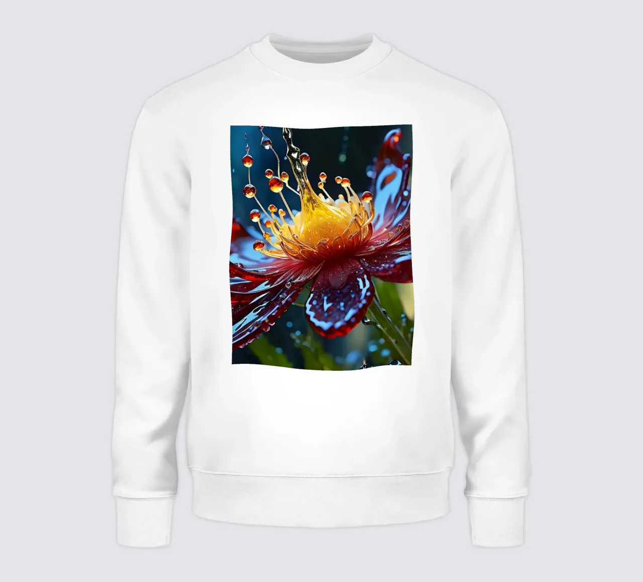 Close-up of a vibrant red flower splashing water droplets sweatshirt by DesignDoodle