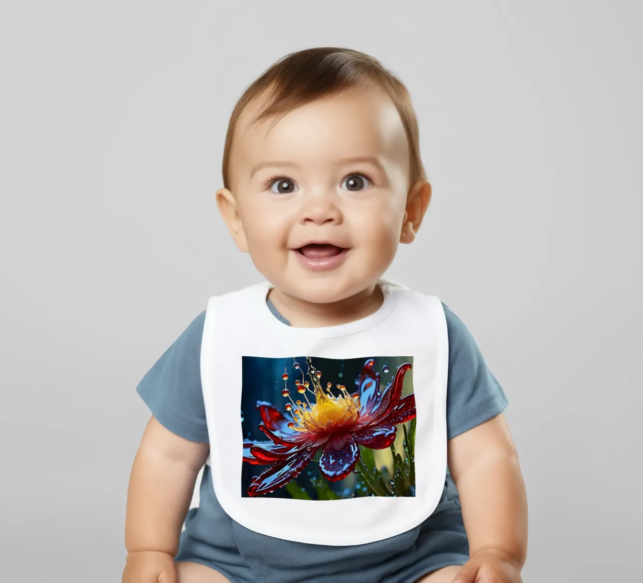 Close-up of a vibrant red flower splashing water droplets baby bib by DesignDoodle