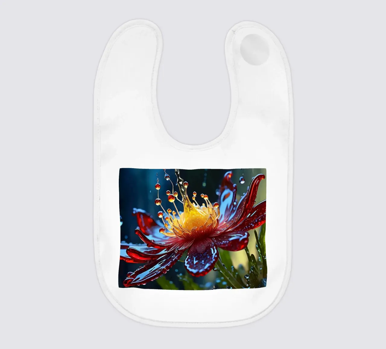 Close-up of a vibrant red flower splashing water droplets baby bib by DesignDoodle