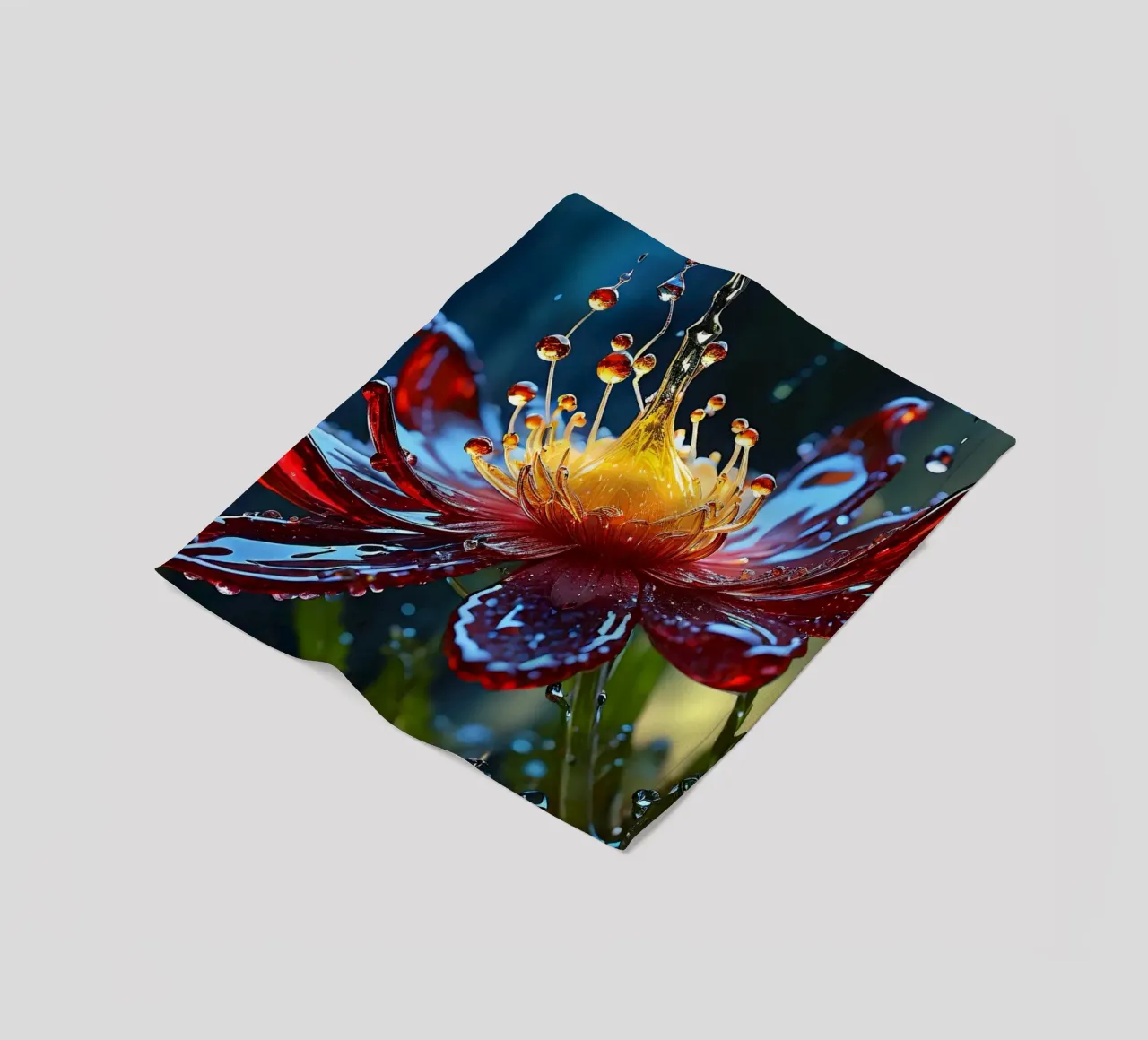 Close-up of a vibrant red flower splashing water droplets fleece blanket by DesignDoodle