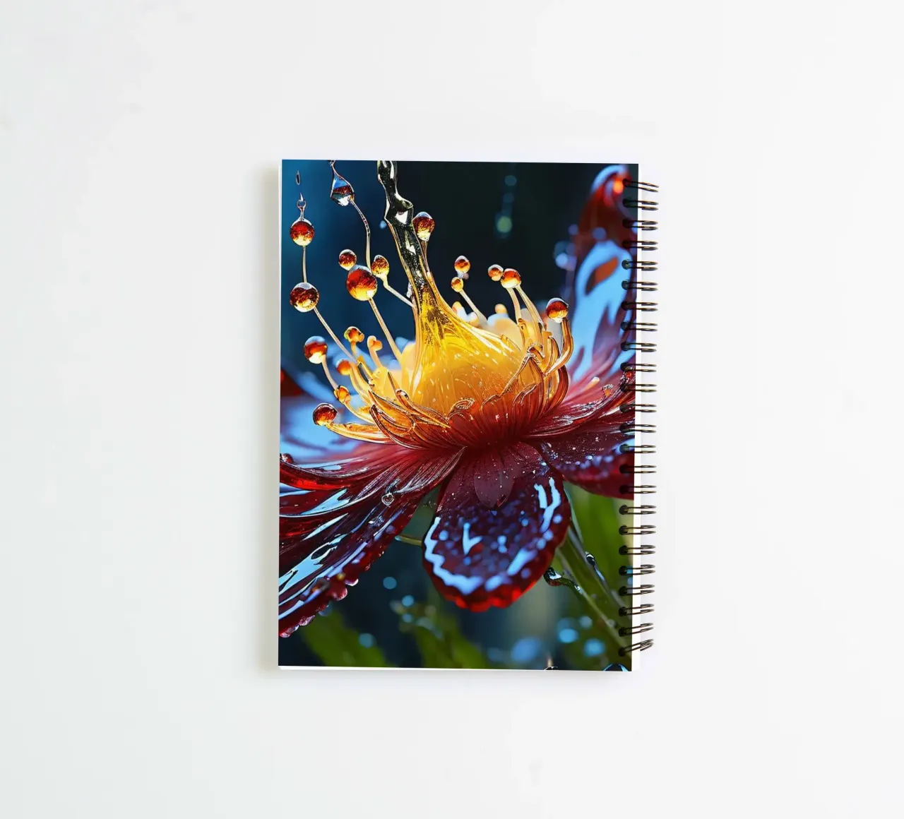 Close-up of a vibrant red flower splashing water droplets spiral notebook by DesignDoodle