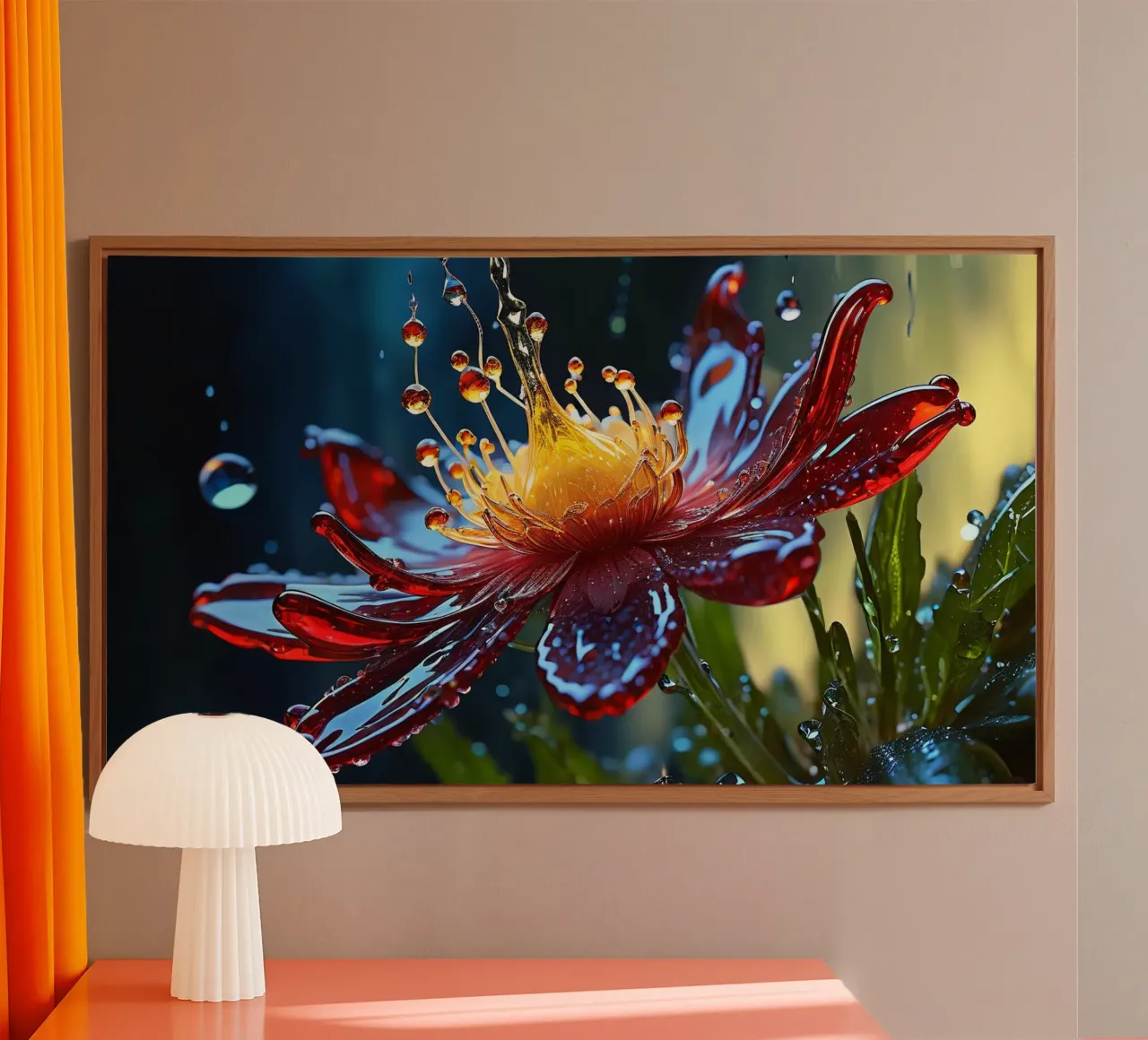 Close-up of a vibrant red flower splashing water droplets alu-dibond by DesignDoodle