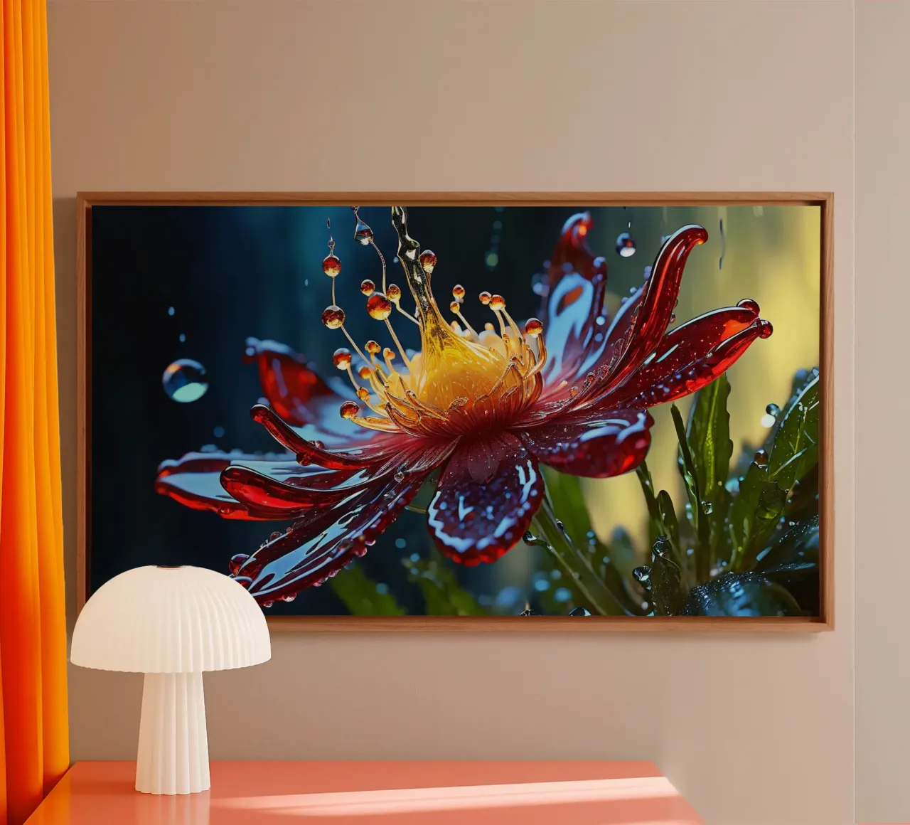 Close-up of a vibrant red flower splashing water droplets canvas with Floater frame by DesignDoodle