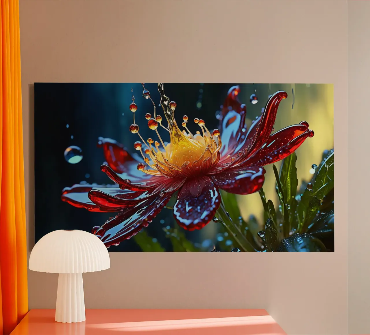 Close-up of a vibrant red flower splashing water droplets canvas with Floater frame by DesignDoodle