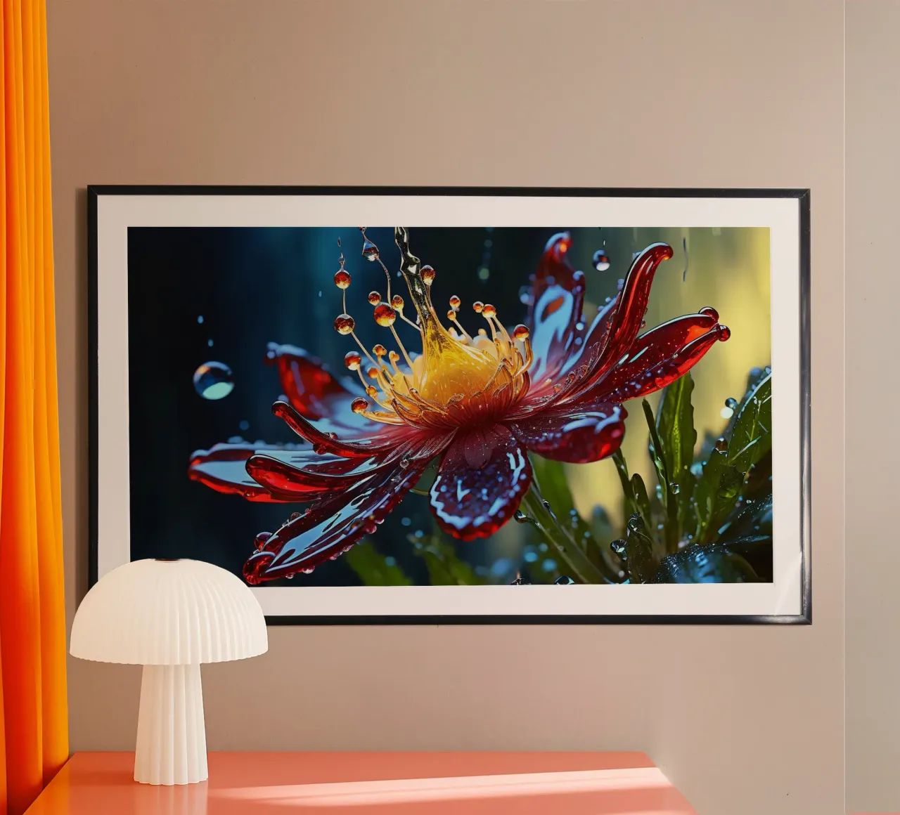 Primo piano di un fiore rosso vibrante che spruzza gocce d'acqua poster con telaio in alluminio da DesignDoodle