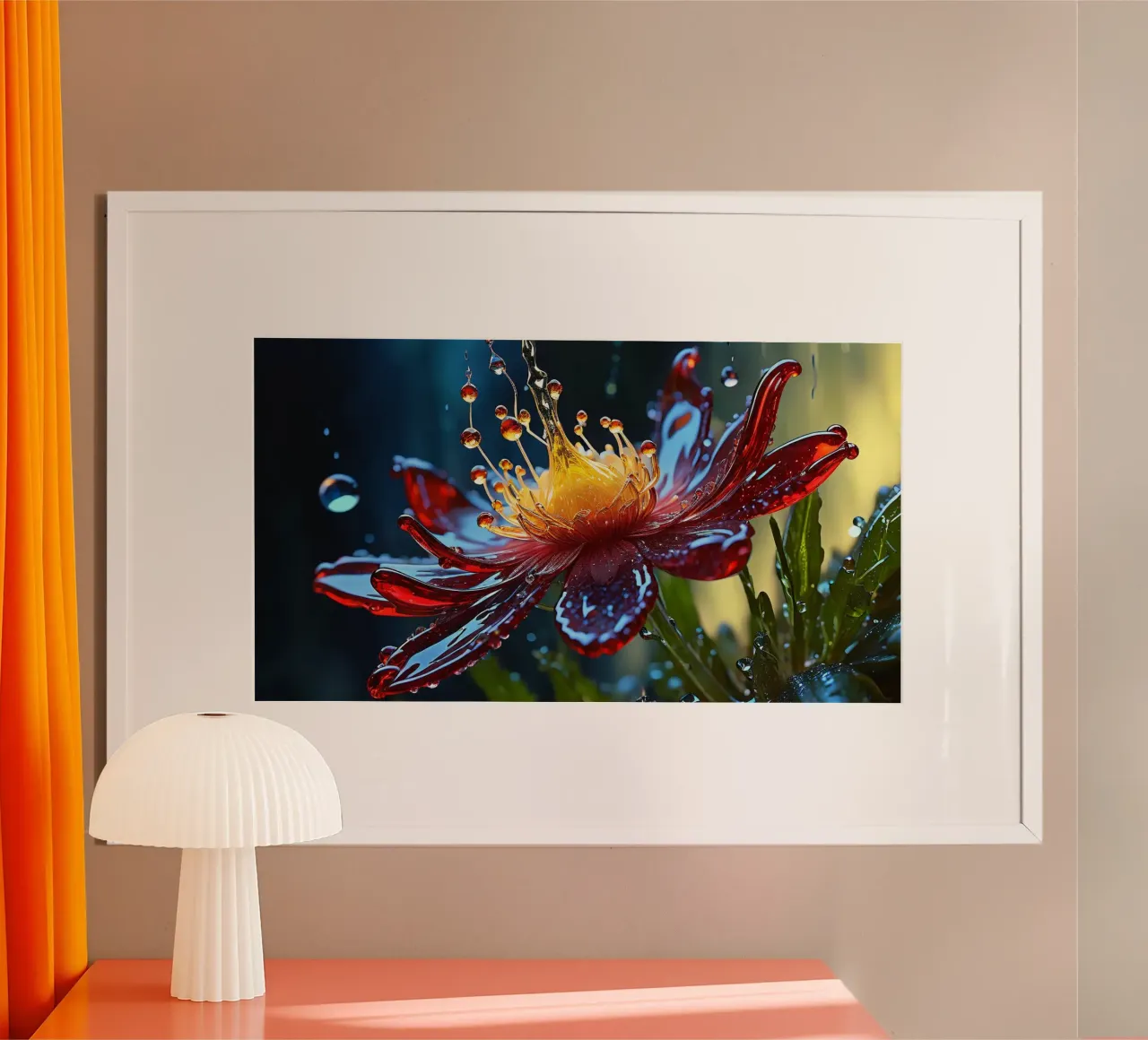 Primo piano di un fiore rosso vibrante che spruzza gocce d'acqua poster con telaio in alluminio da DesignDoodle