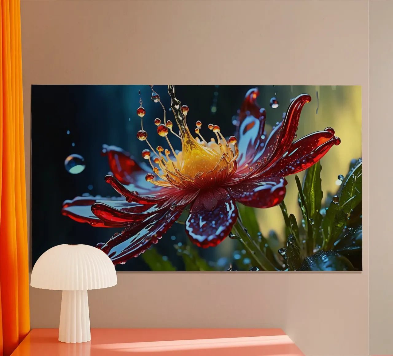 Primo piano di un fiore rosso vibrante che spruzza gocce d'acqua poster con telaio in alluminio da DesignDoodle
