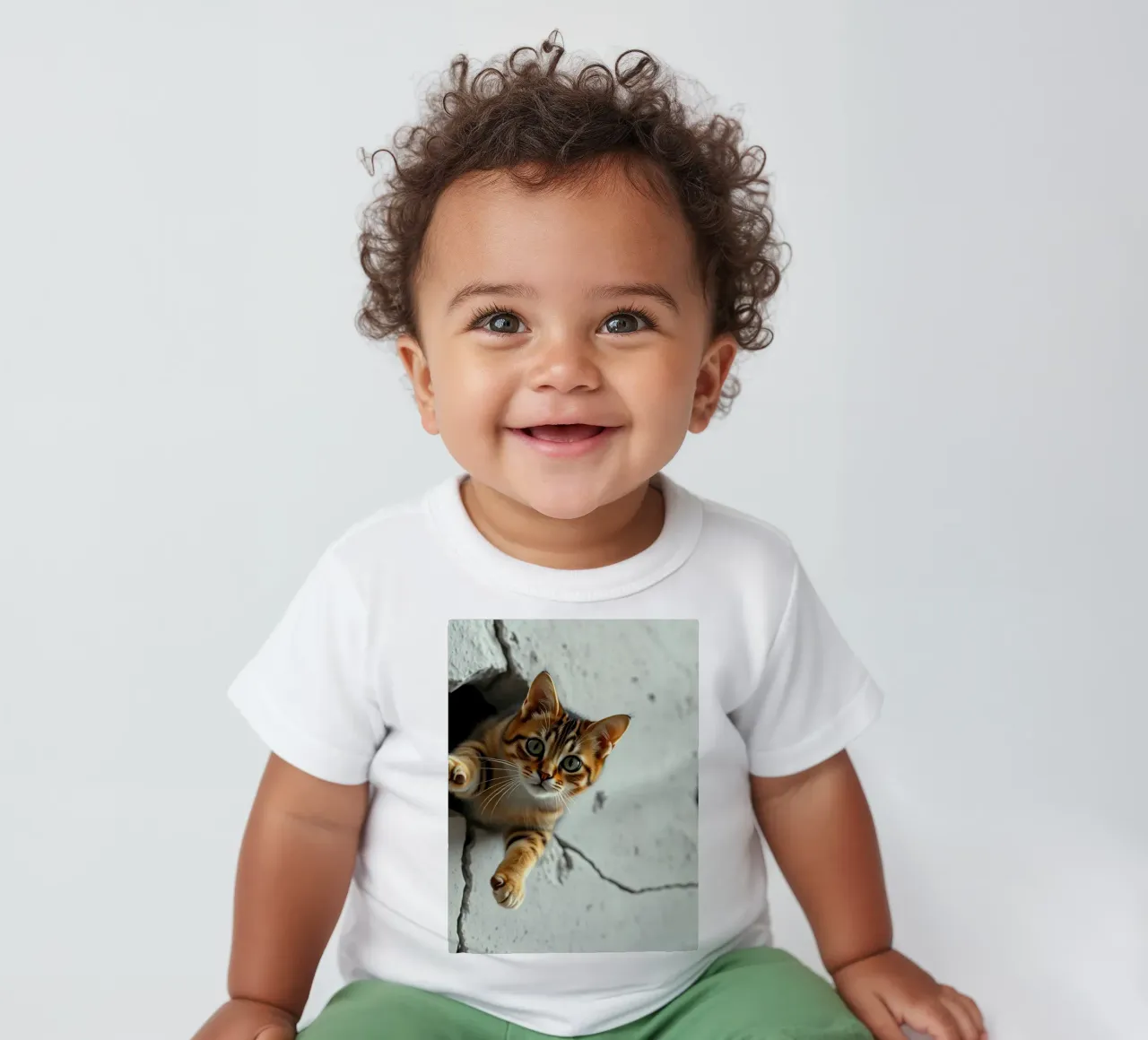 A curious cat pokes its head through a crack baby t-shirt by DesignDoodle