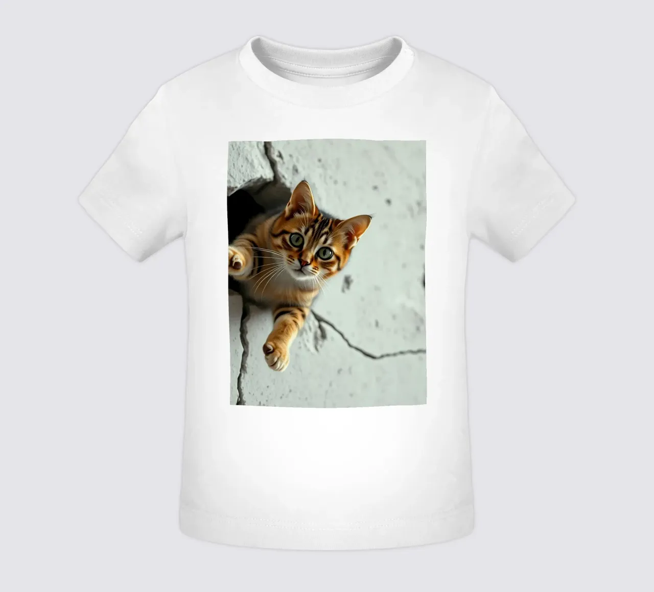 A curious cat pokes its head through a crack baby t-shirt by DesignDoodle