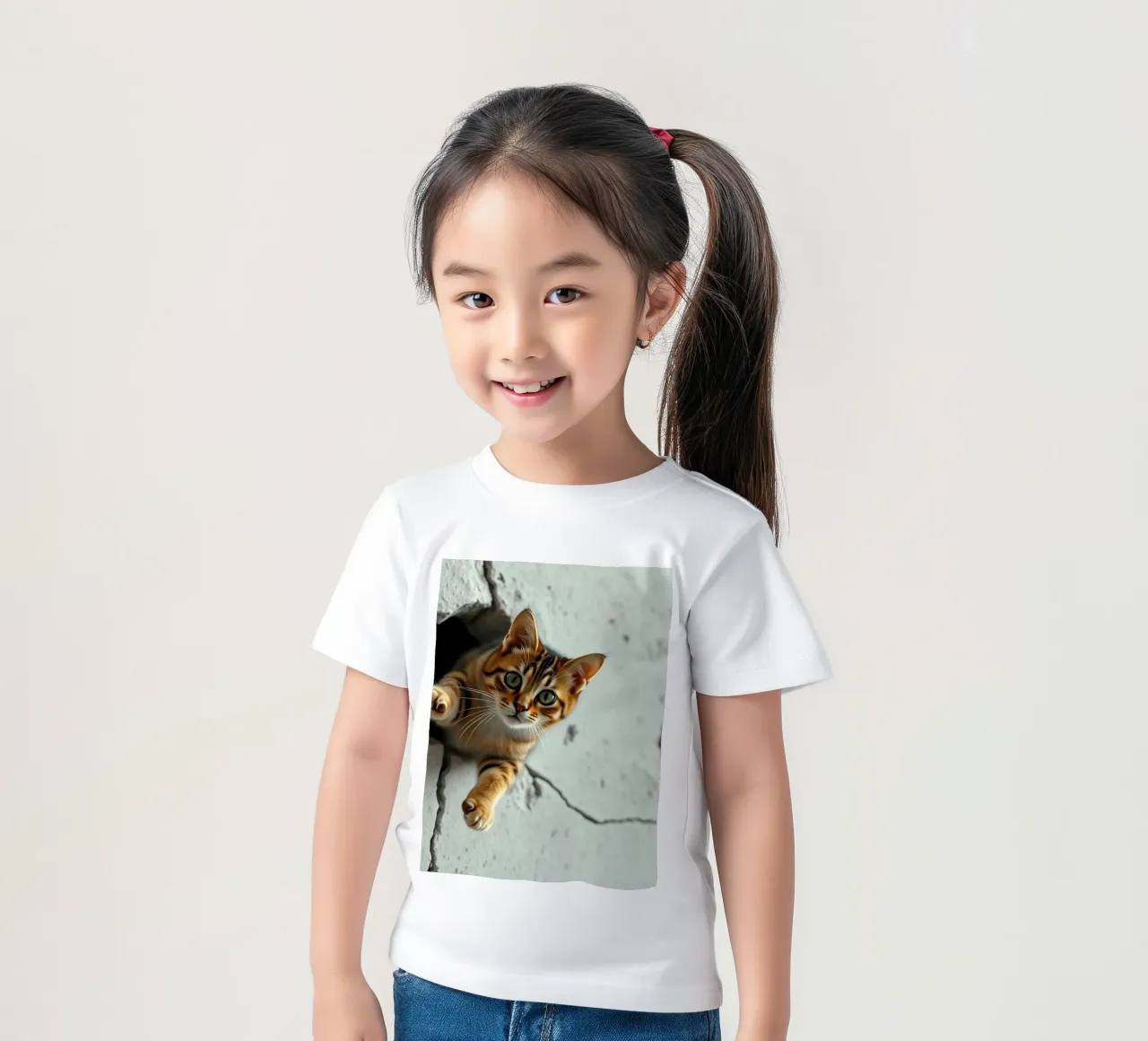 A curious cat pokes its head through a crack kids t-shirt by DesignDoodle