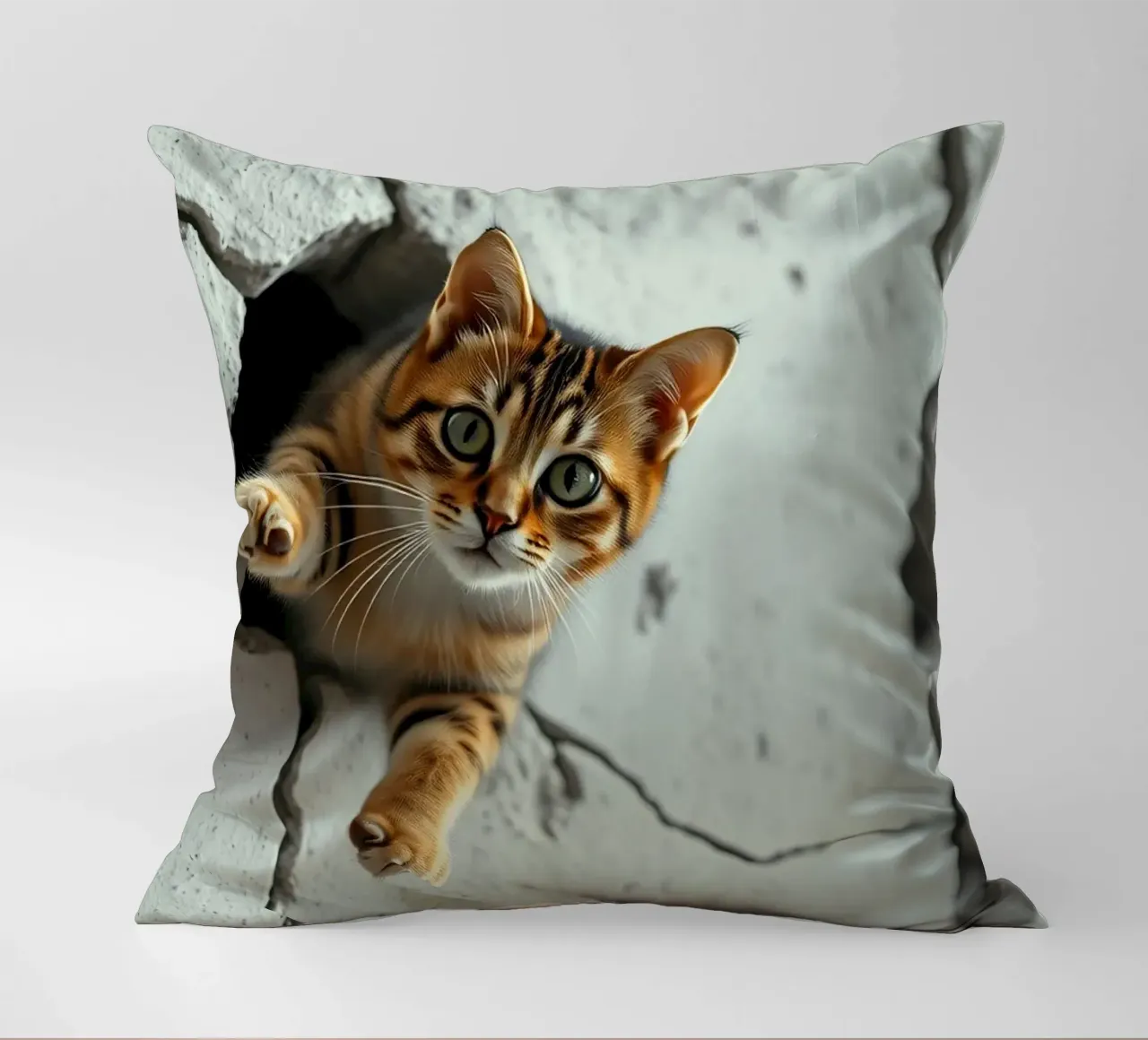 A curious cat pokes its head through a crack decorative cushion by DesignDoodle