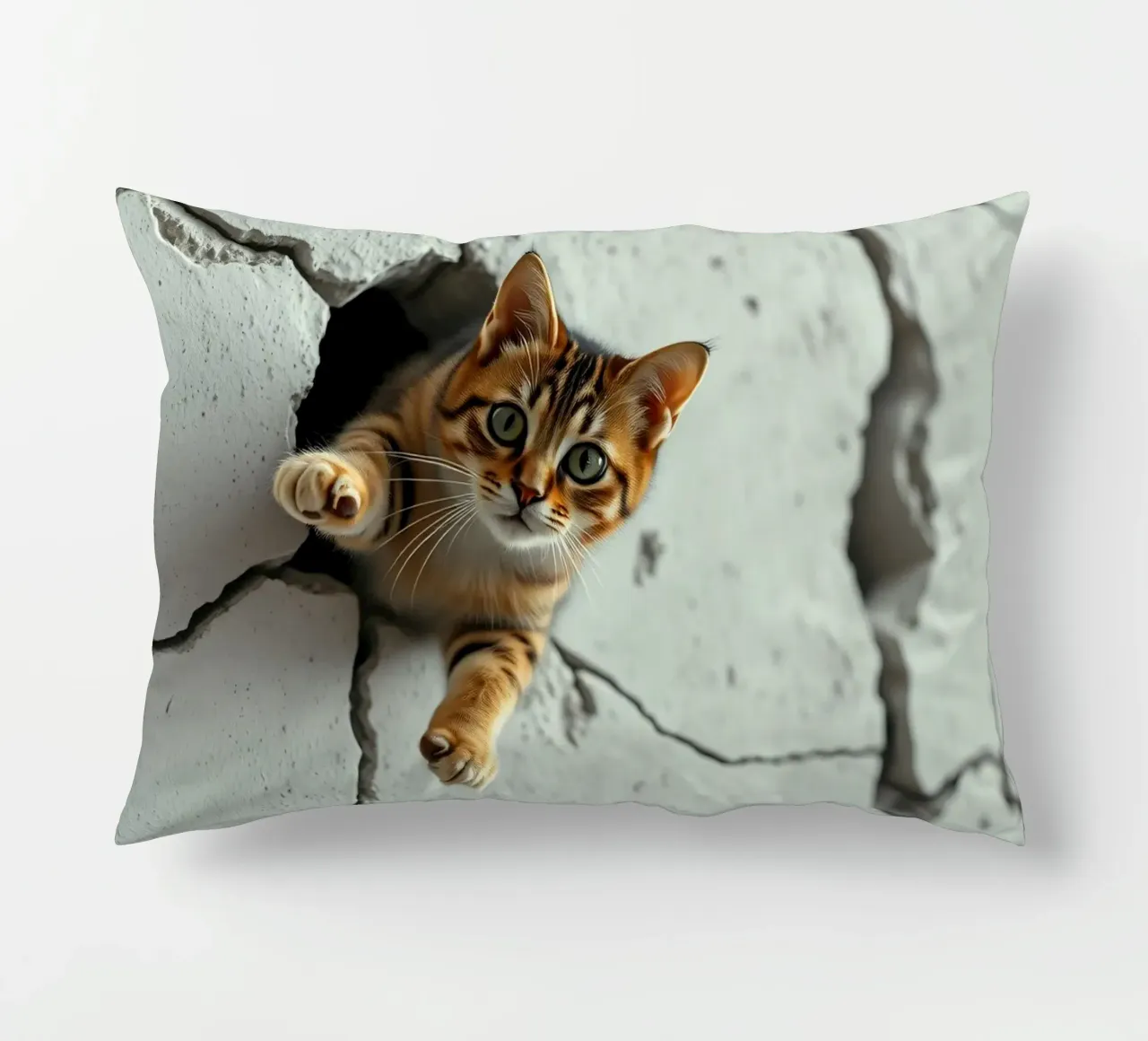 A curious cat pokes its head through a crack decorative cushion by DesignDoodle