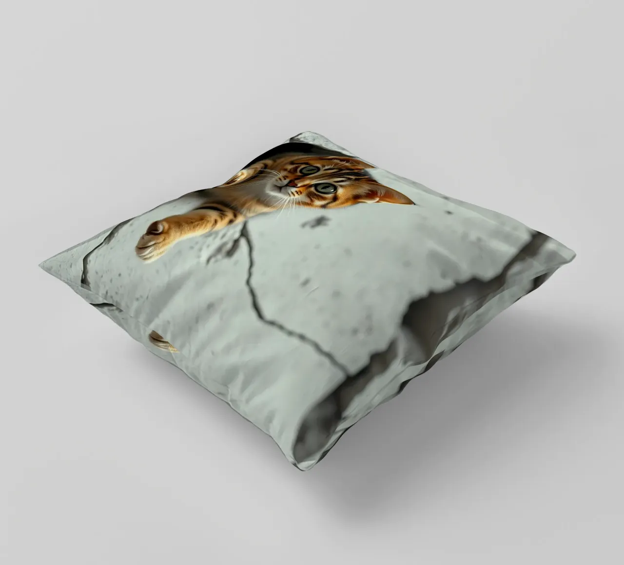 A curious cat pokes its head through a crack decorative cushion by DesignDoodle