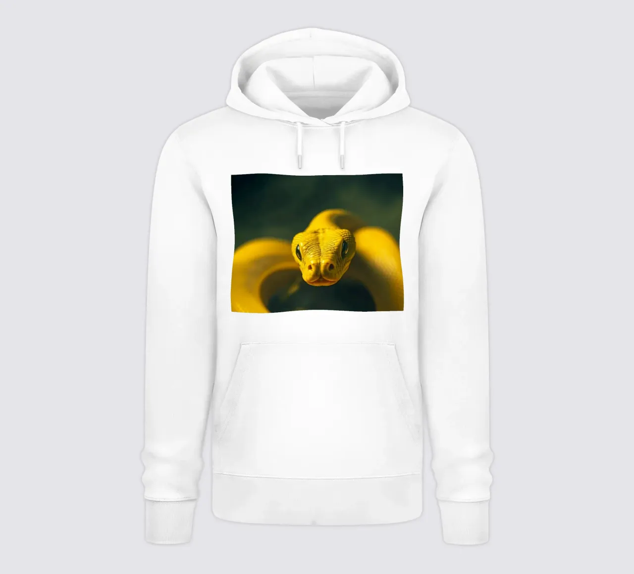 A close-up view of a vibrant yellow snake curving hoodie by DesignDoodle