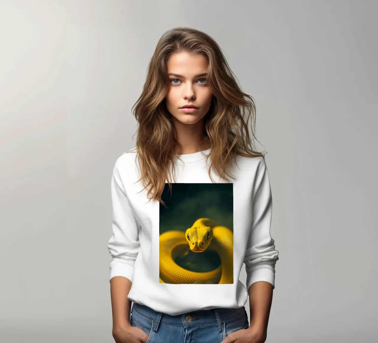 A close-up view of a vibrant yellow snake curving sweatshirt by DesignDoodle