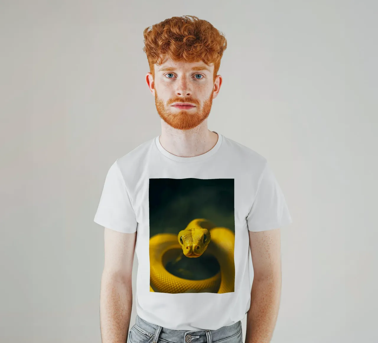 A close-up view of a vibrant yellow snake curving t-shirt by DesignDoodle