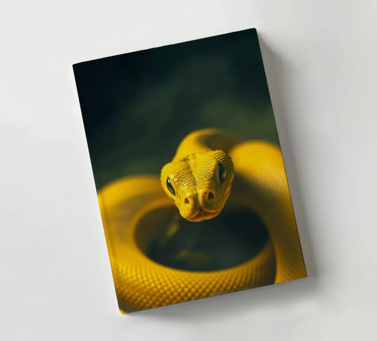 A close-up view of a vibrant yellow snake curving notebook by DesignDoodle
