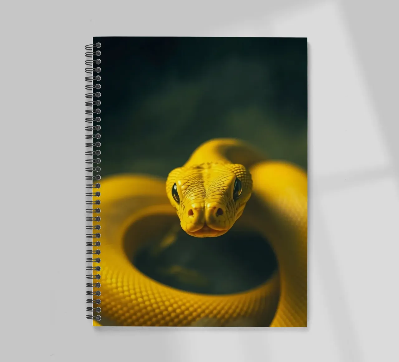 A close-up view of a vibrant yellow snake curving spiral notebook by DesignDoodle