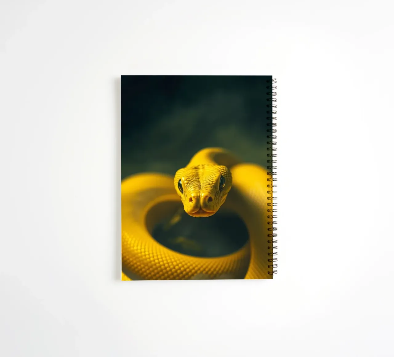 A close-up view of a vibrant yellow snake curving spiral notebook by DesignDoodle