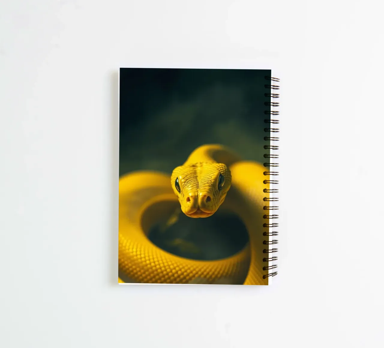 A close-up view of a vibrant yellow snake curving spiral notebook by DesignDoodle