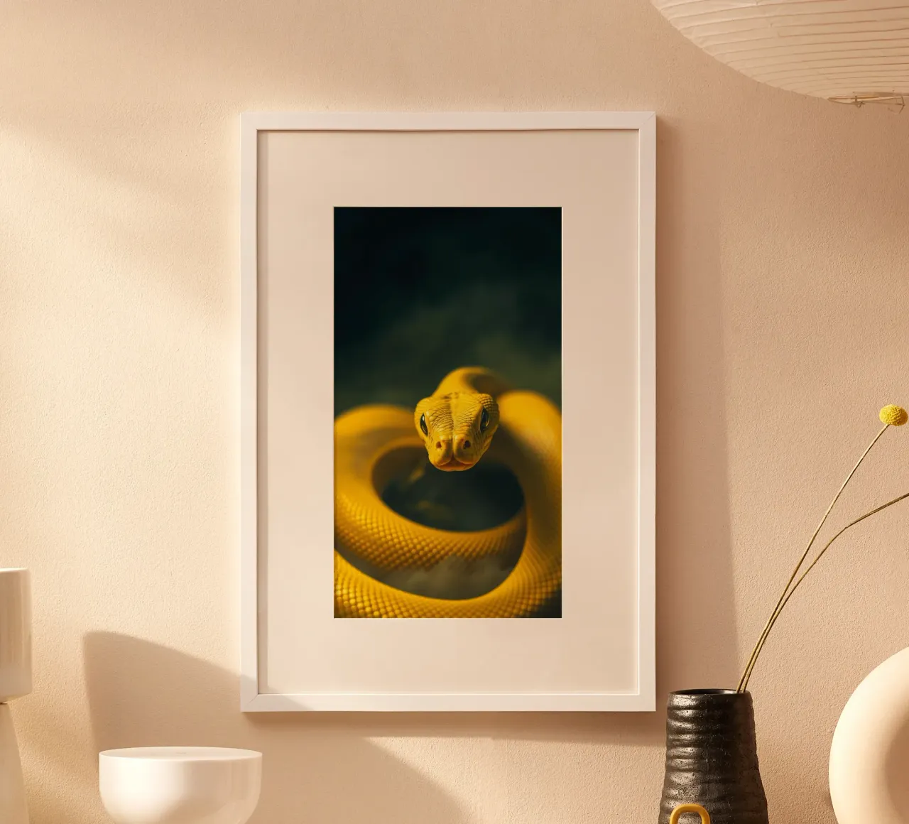 Gros plan sur un serpent d'un jaune éclatant qui s'enroule sur lui-même. hahnemühle de DesignDoodle