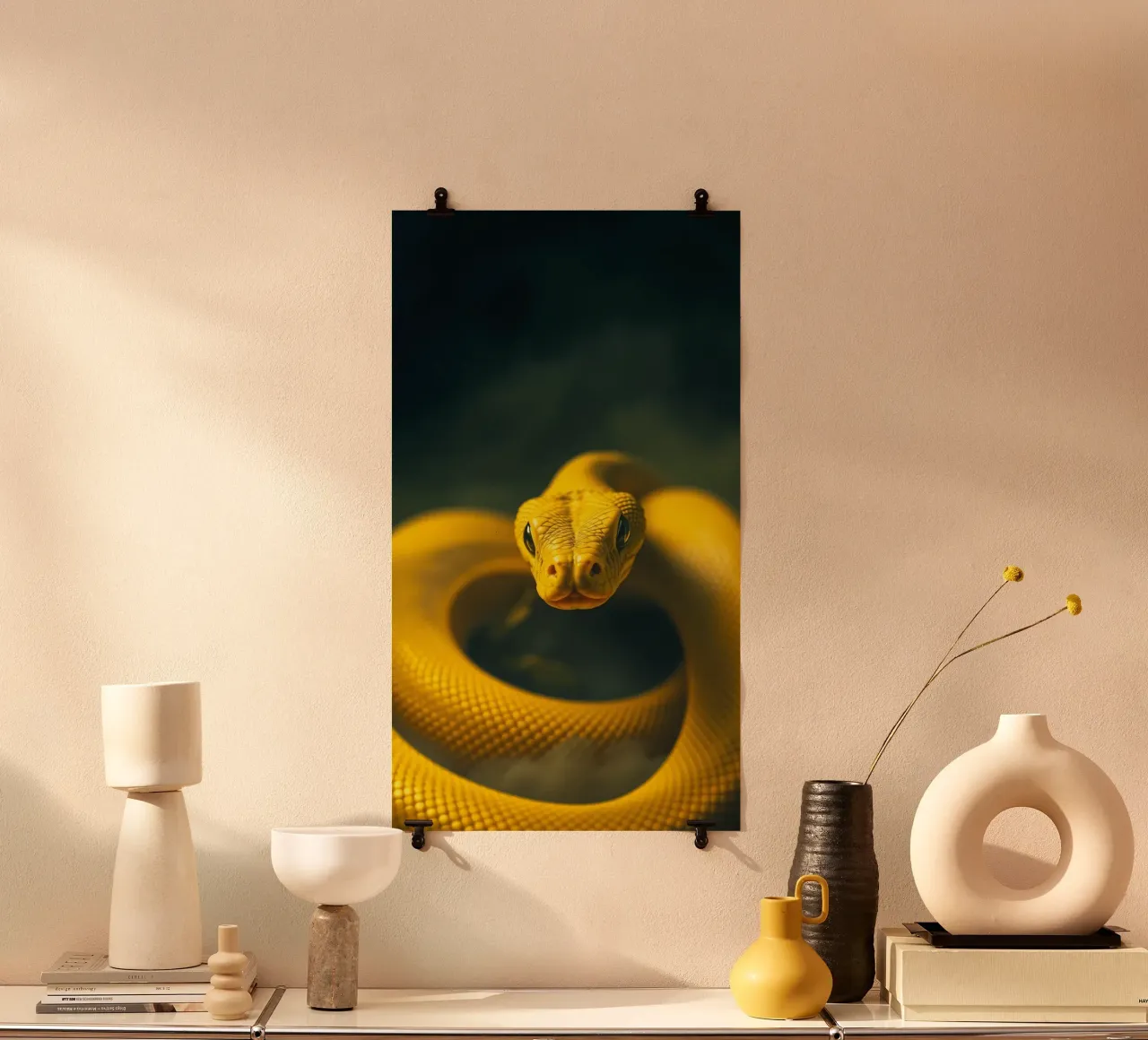 Gros plan sur un serpent d'un jaune éclatant qui s'enroule sur lui-même. hahnemühle de DesignDoodle