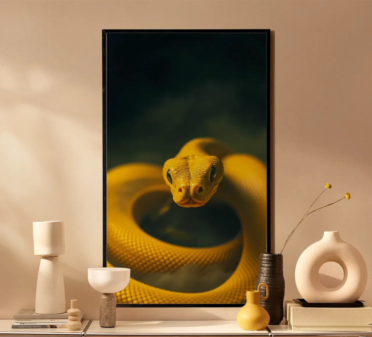 Gros plan sur un serpent d'un jaune éclatant qui s'enroule sur lui-même. hahnemühle de DesignDoodle