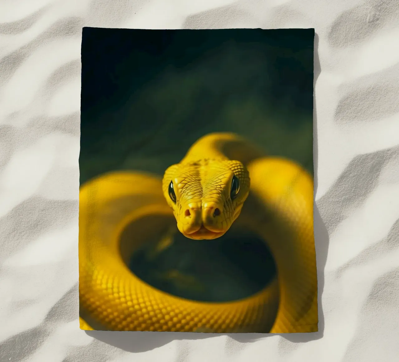 A close-up view of a vibrant yellow snake curving beach towel by DesignDoodle