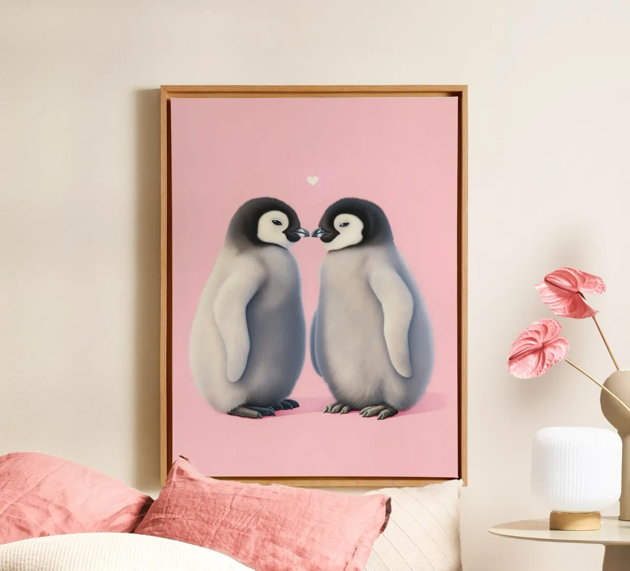 Pinguini innamorati di un cuore tela con Cornice a cassetta da Carinaprint
